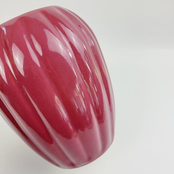 Burgundy Red Ribbed Ceramic Flower Vase 7.5" Tall, Glossy Finish with Vertical G - Picture 9 of 10